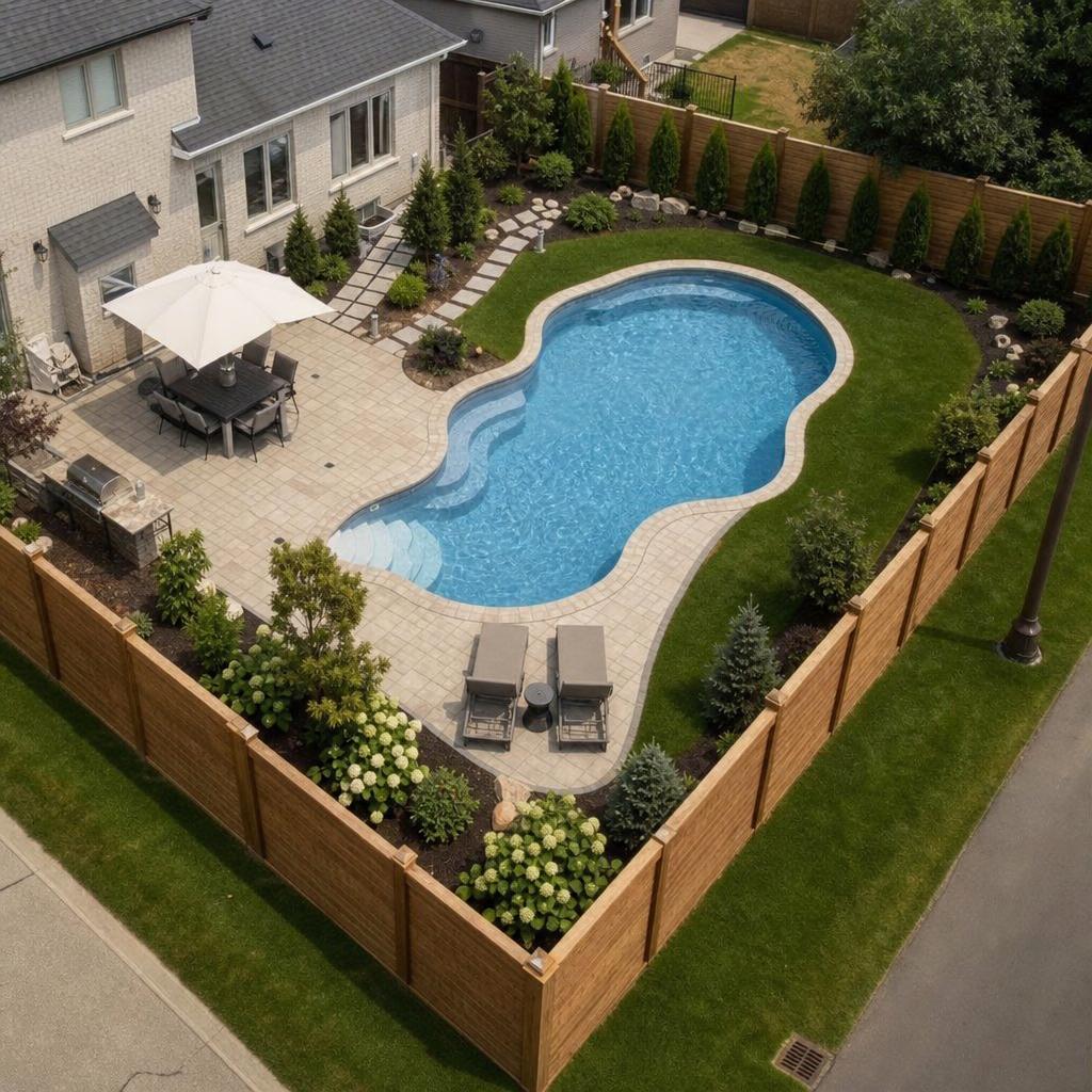 Aerial view of fenced backyard
