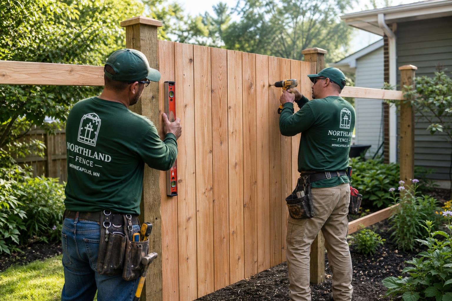 Crew installing a cedar privacy fence